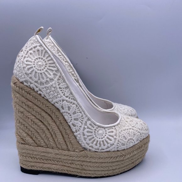 FSJ Ivory Lace Espadrille Wedges Wedding Round - Picture 3 of 10